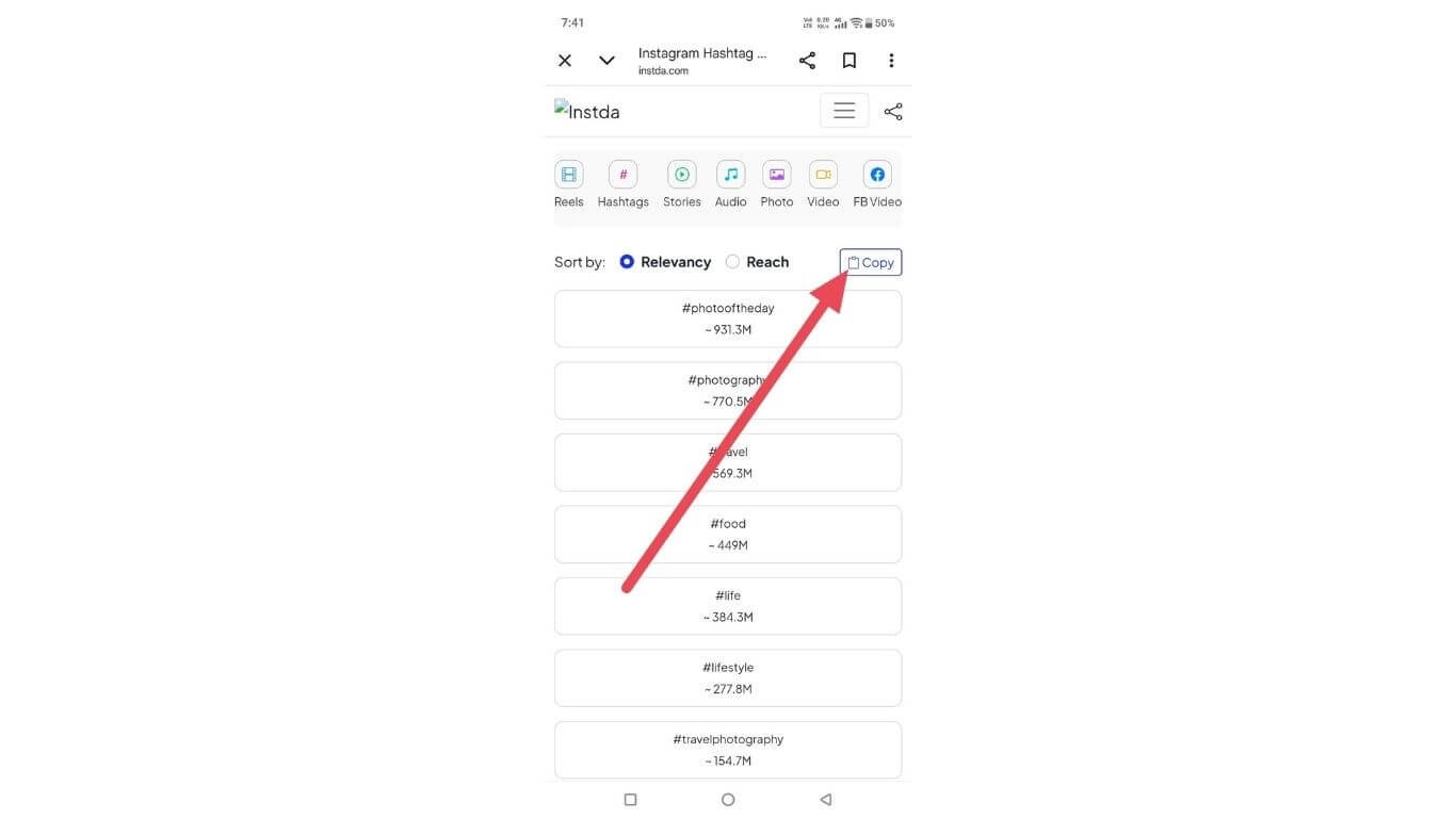Copy generated Instagram hashtags for posts and reels