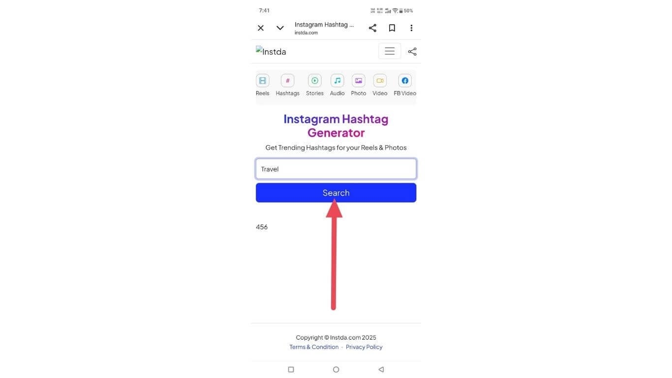 Press search to generate relevant Instagram hashtags